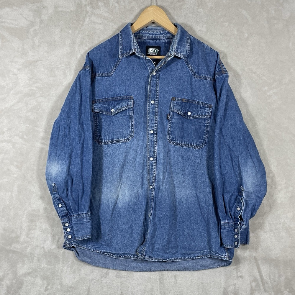 Key Pearl Snap Denim Western Shirt Mens XL Sun Faded Blue Cowboy Heavyweight